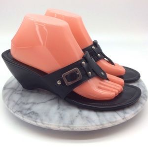 Cole Haan Black Leather Wedge Heeled Thong Sandals